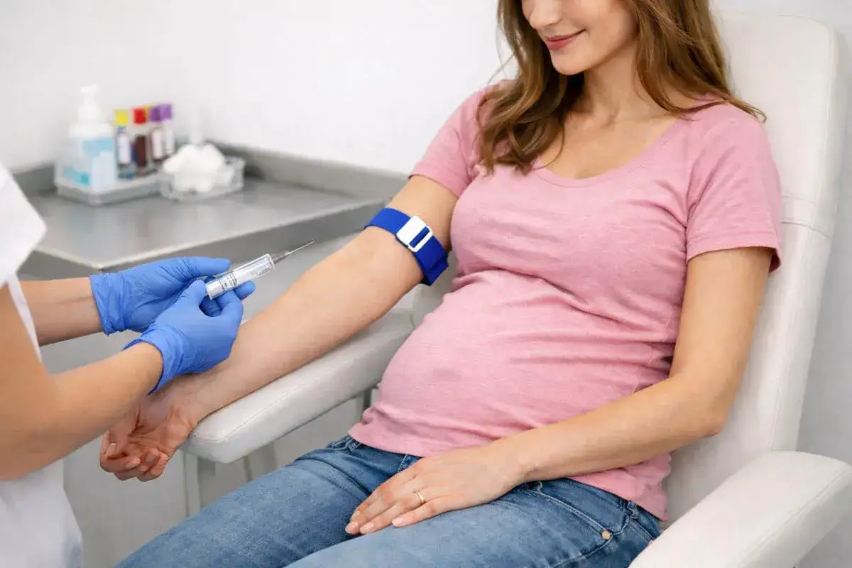 Ciężarna kobieta poddaje się pobraniu krwi do badań. Pielęgniarka w rękawiczkach przygotowuje strzykawkę. To ważny **test pappa** dla zdrowia mamy i dziecka.