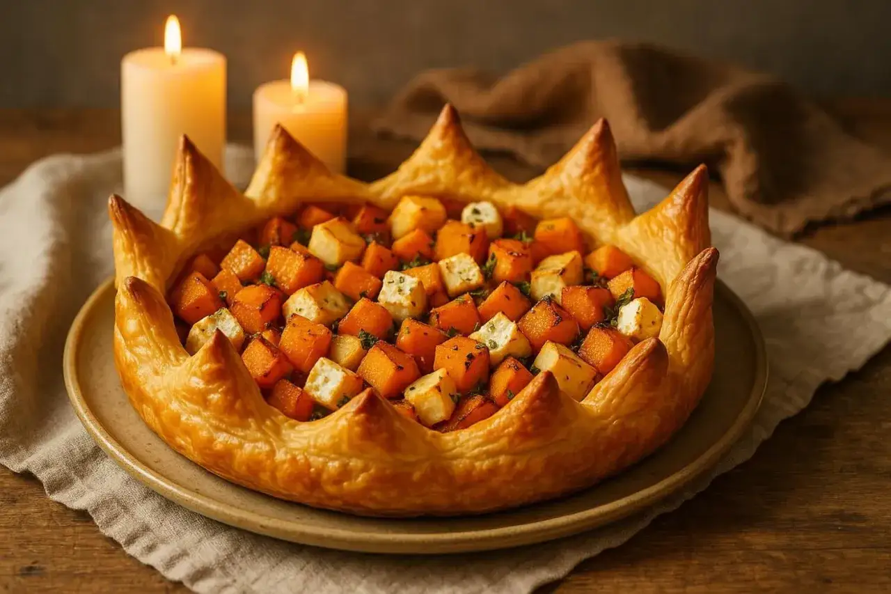 Une tarte dorée aux dés de courge et fromage, bordée de pointes de pâte feuilletée, parfaite pour une entrée chaude festive.