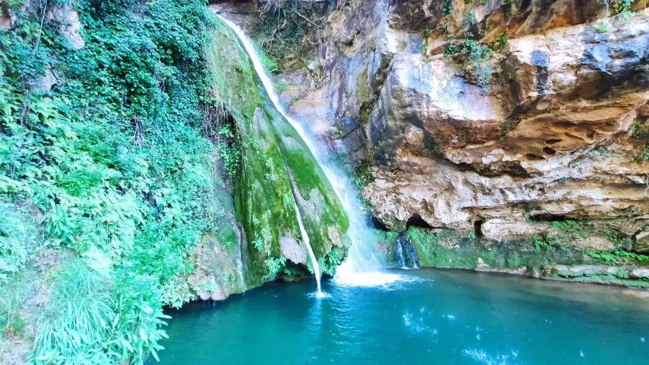 La **cascada del río Carbo** cae sobre rocas cubiertas de musgo verde, formando una poza de agua turquesa rodeada de exuberante vegetación.