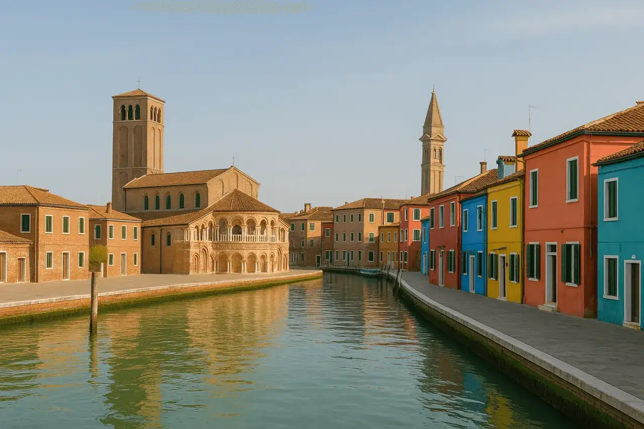 Canale di Burano con case colorate e la chiesa di San Donato, un'atmosfera da sogno tra Murano e Burano.