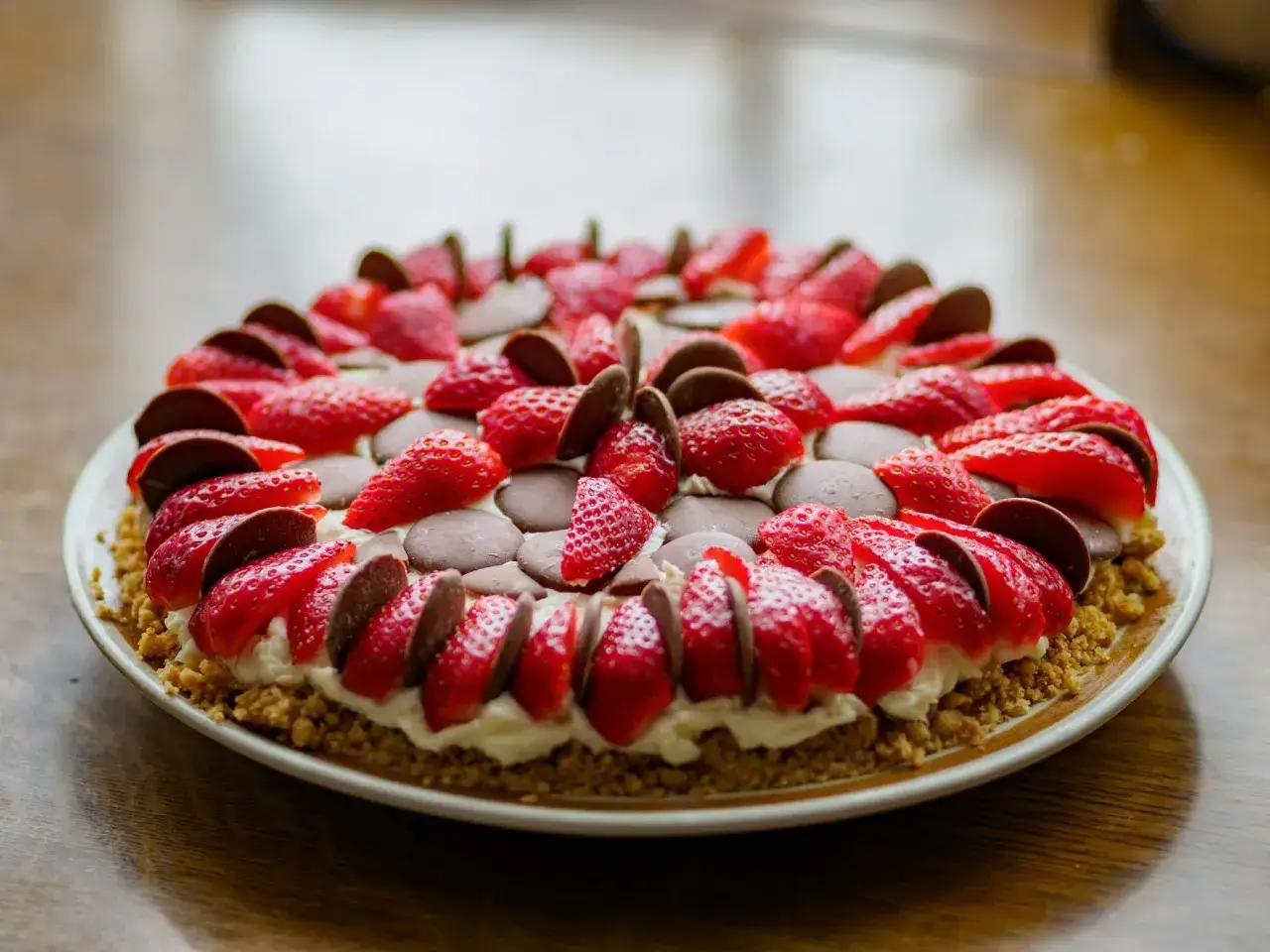 Deliciosa tarta de fresa con trozos de chocolate y una base crujiente. ¡Perfecta para cualquier ocasión!