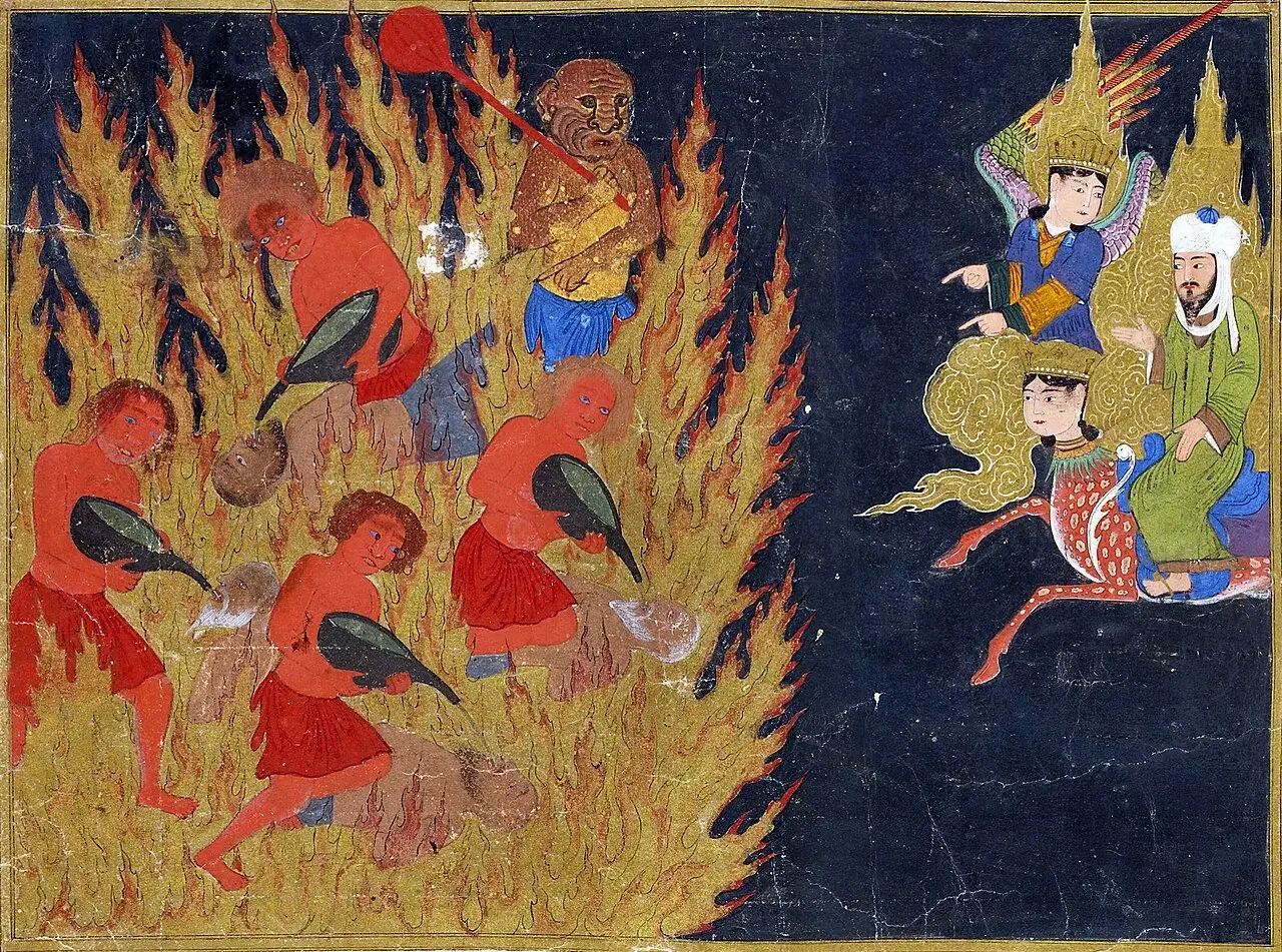 M&auml;nniskor pl&aring;gas i eld, en bild av helvetet i islam. En demon med klubba &ouml;vervakar. H&ouml;gst upp sitter figurer p&aring; moln.