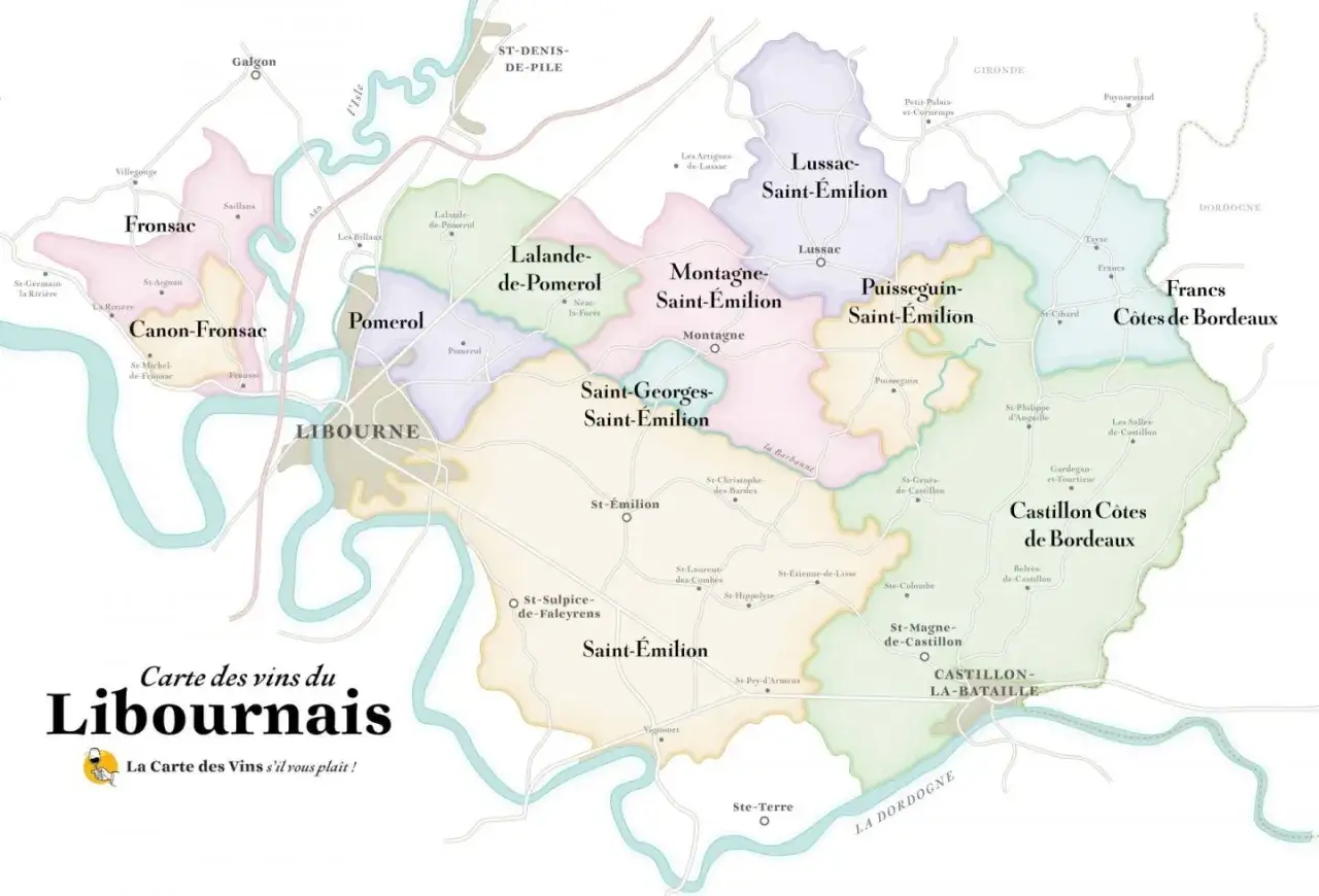 Carte des vins du Libournais, montrant les appellations de ce domaine viticole bordelais : Pomerol, Saint-Émilion, Fronsac, Lalande-de-Pomerol, etc.
