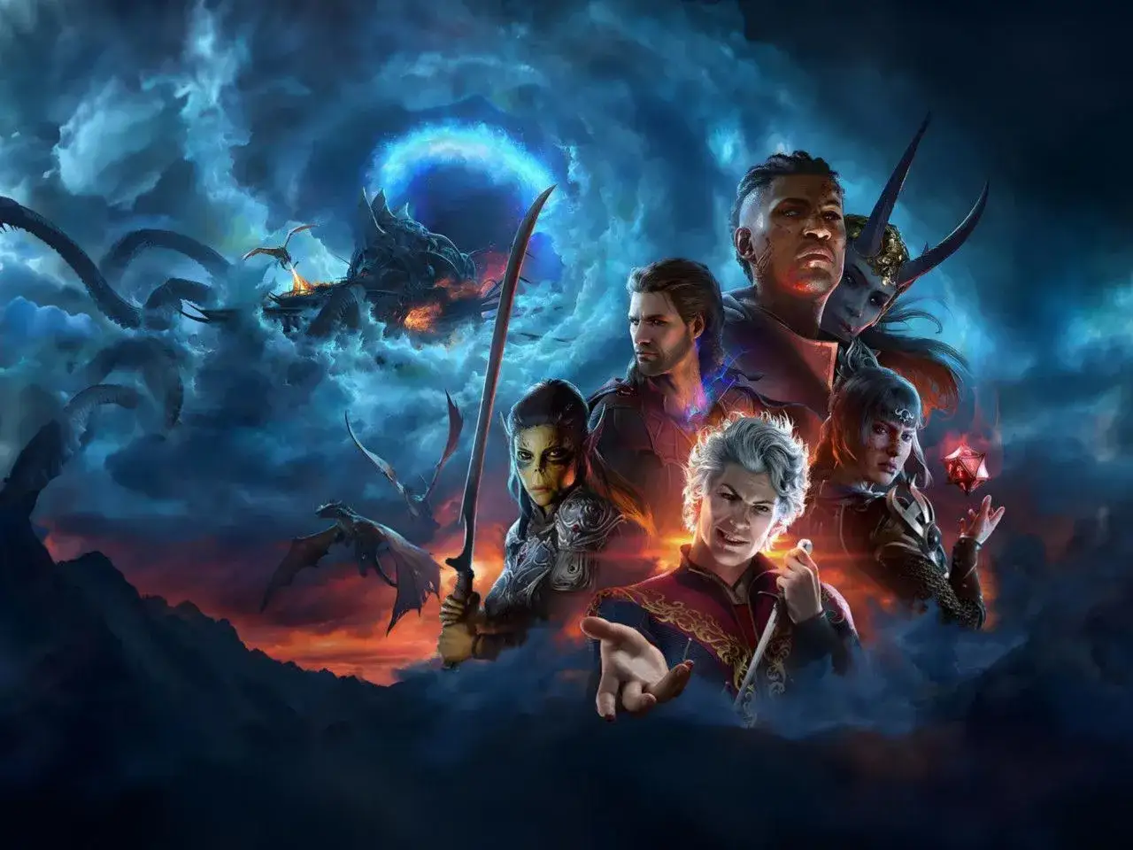 Grupa bohaterów w mrocznym świecie, pełnym smoków i magii. Idealna grafika dla fanów **starych gier RPG**.