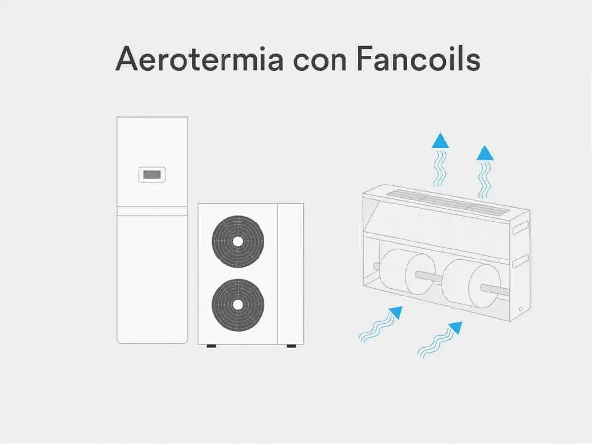 Ilustraci&oacute;n de aerotermia con fancoils, mostrando la unidad exterior y el emisor interior. Entiende la diferencia entre aerotermia y aire acondicionado.