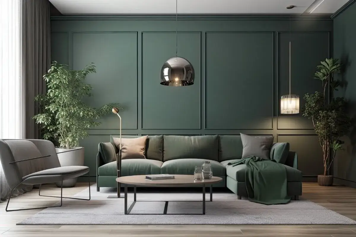 Ein Wohnzimmer mit tiefgr&uuml;ner Wandfarbe, die perfekt zu den M&ouml;beln passt. Ein gr&uuml;nes Ecksofa, ein grauer Sessel und Pflanzen schaffen eine gem&uuml;tliche Atmosph&auml;re.