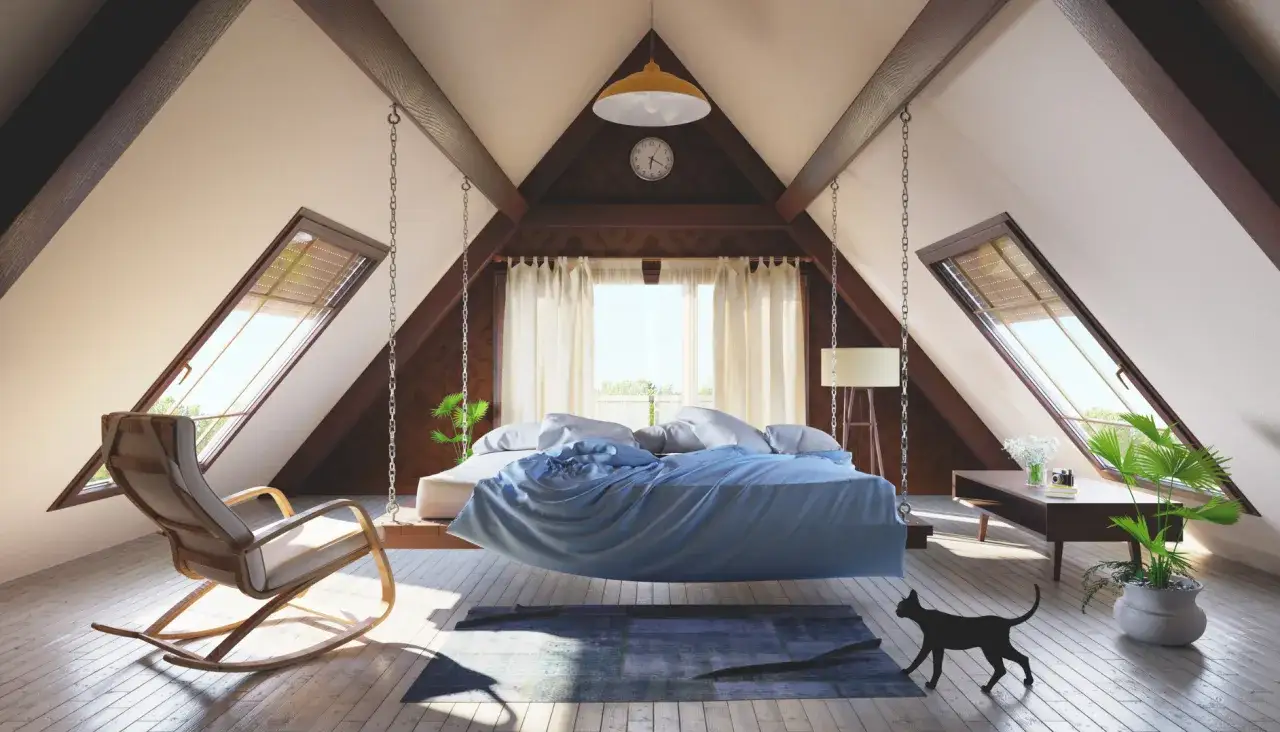 Gem&uuml;tliches Schlafzimmer im **niedrigen Dachboden ausbau**. Schwebendes Bett, Schaukelstuhl und ein neugieriger Kater.