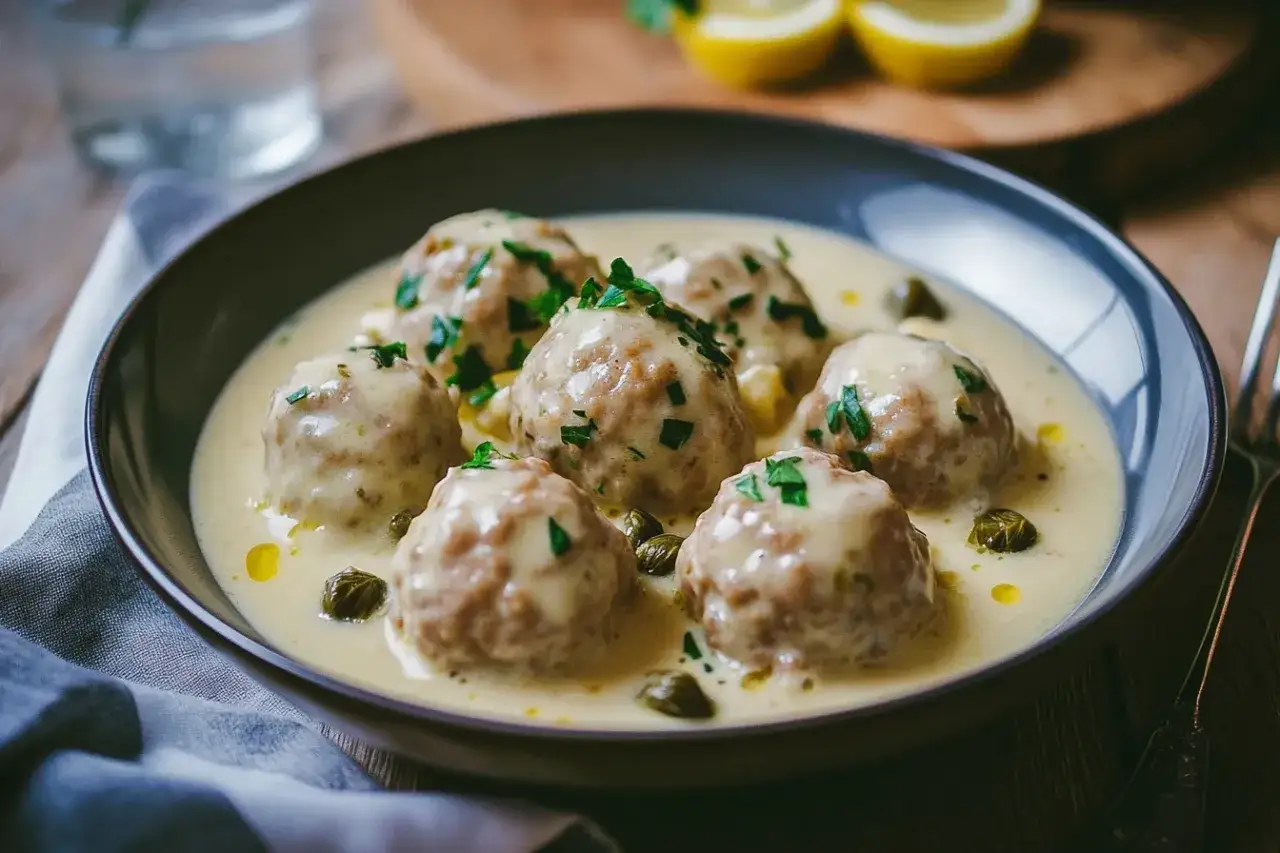 Herzhafte Klopse in cremiger Sauce, garniert mit Petersilie und Kapern. Ein k&ouml;stliches Kapern Rezept f&uuml;r Genie&szlig;er.