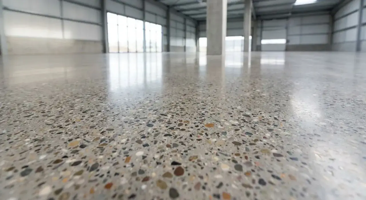 Ein glänzender, geschliffener Betonboden mit sichtbaren Kieselsteinen in einer großen Halle.