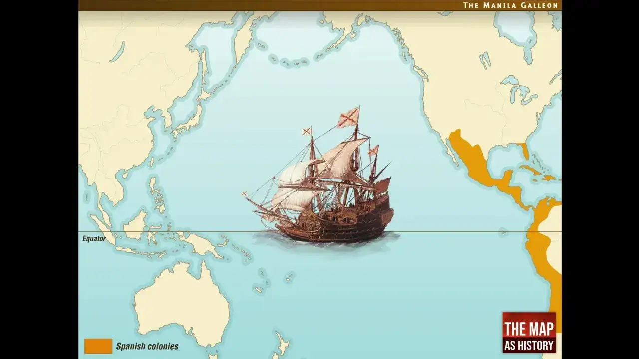 Un galion espagnol navigue sur l'oc&eacute;an Pacifique, traversant l'&eacute;quateur. La carte montre les colonies espagnoles en Am&eacute;rique.