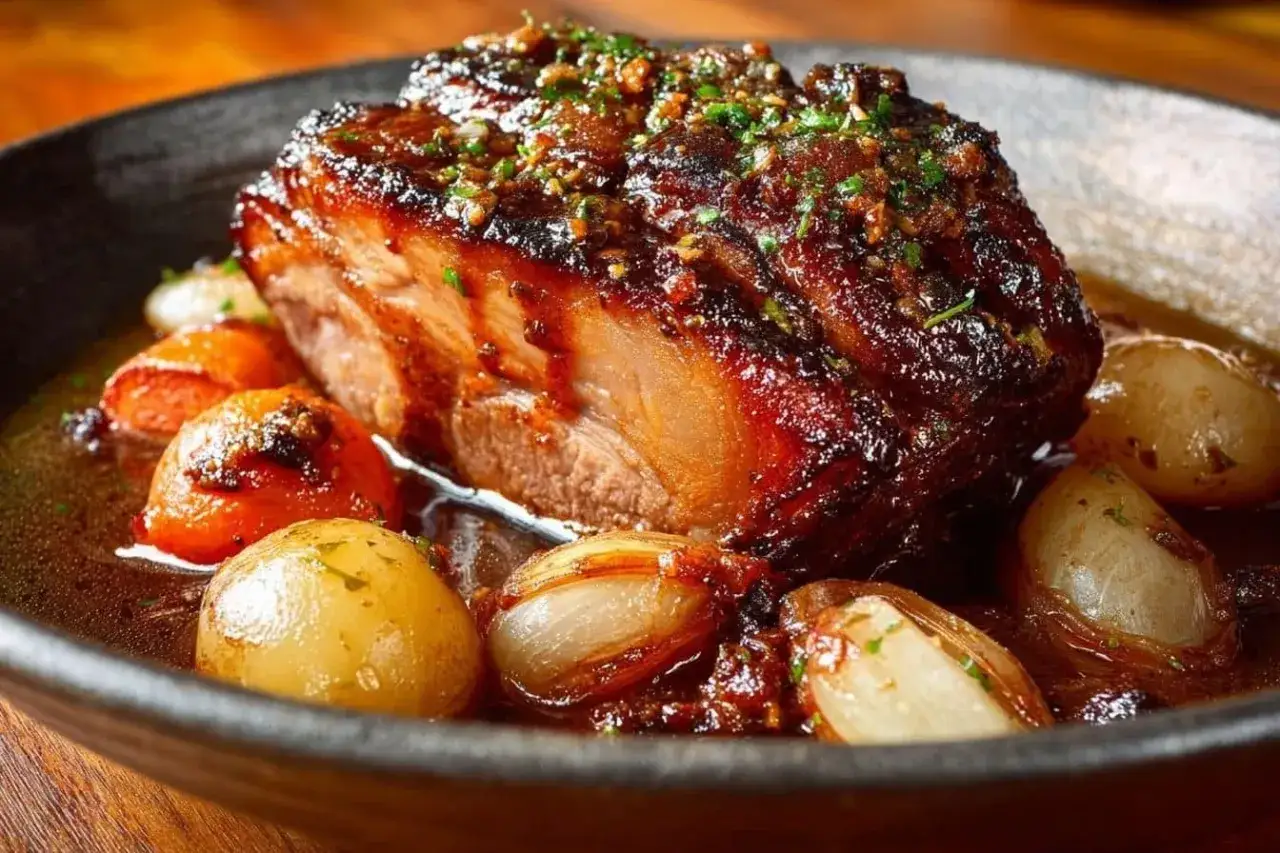 Rouelle de porc caram&eacute;lis&eacute;e, servie avec des oignons grelots et des tomates confites dans une sauce savoureuse.