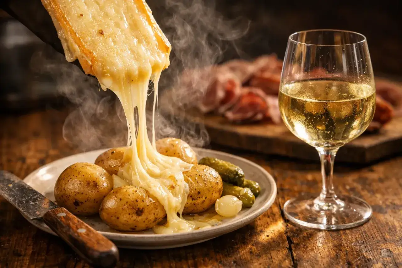 Raclette fondante sur pommes de terre, accompagn&eacute;e de cornichons et d'un verre de Pouilly Fum&eacute;.