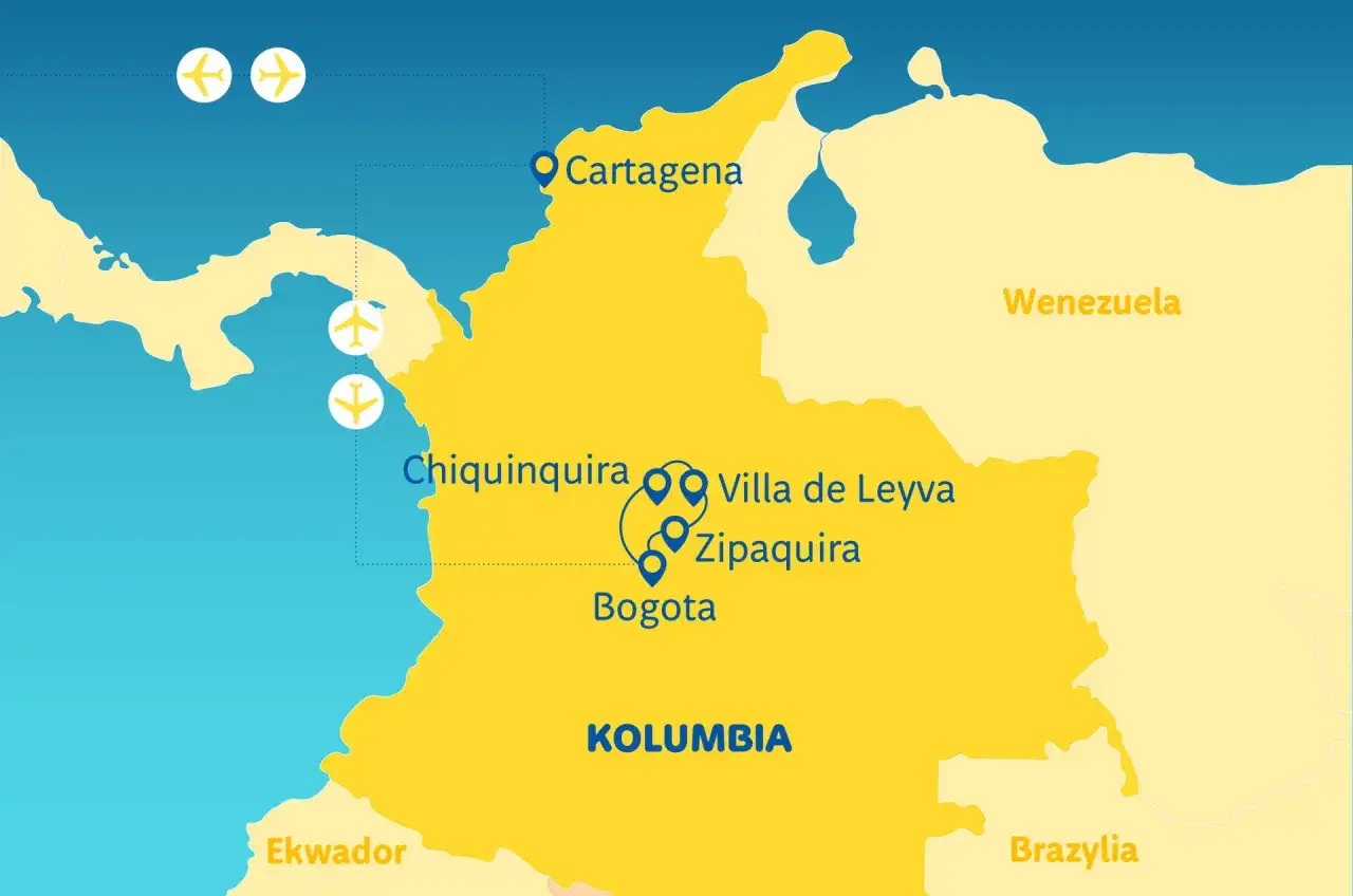 Mapa Kolumbii z zaznaczonymi miastami: Cartagena, Chiquinquira, Villa de Leyva, Zipaquira, Bogota. Widać też sąsiednie kraje: Ekwador, Wenezuela, Brazylia.