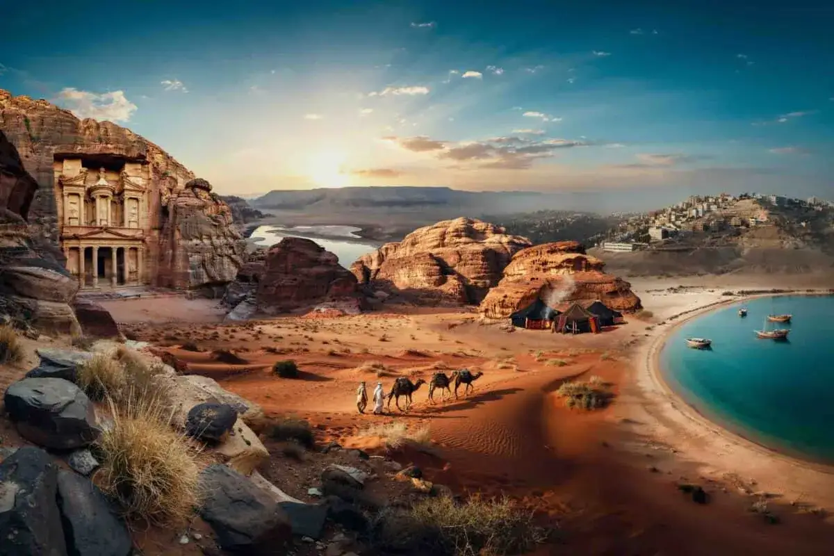 Caravane traversant le d&eacute;sert jordanien, avec P&eacute;tra et une oasis. Id&eacute;al pour savoir quand partir en Jordanie.