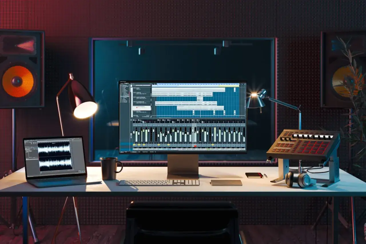 Studio d'enregistrement avec ordinateur affichant une station de travail audio numérique, idéal pour créer sa propre musique electro.