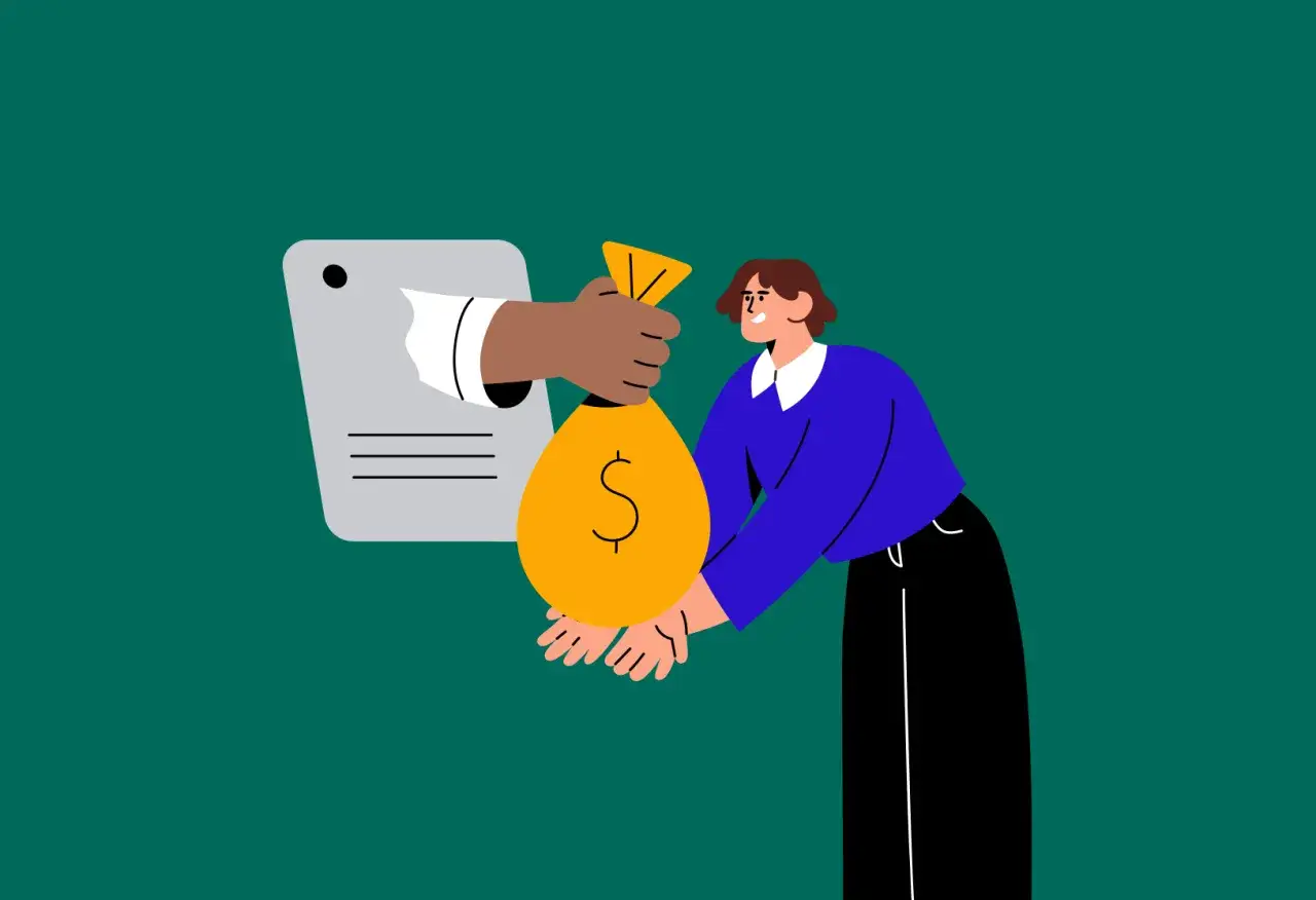 Mano entrega bolsa de dinero con símbolo de dólar a persona. Representa un dividendo en acciones o pago de beneficios.