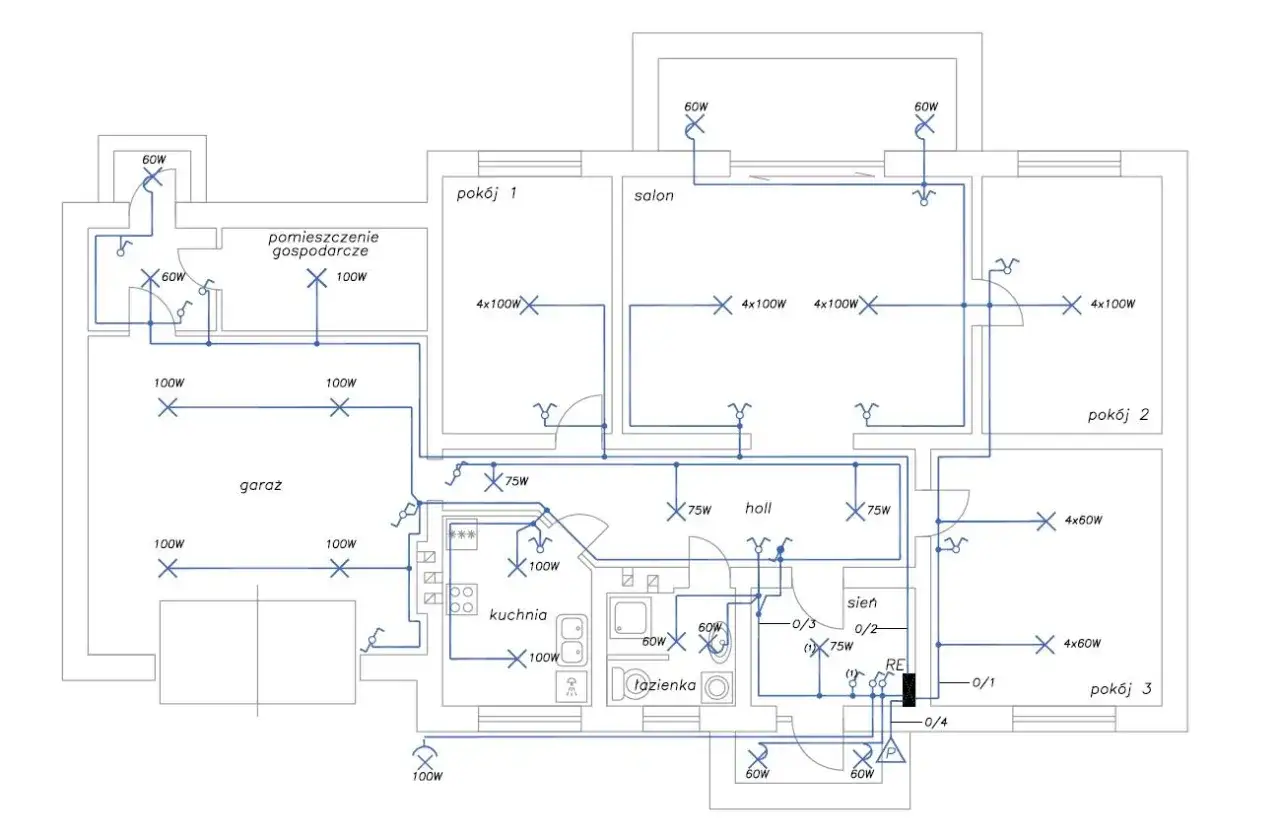 Schemat instalacji elektrycznej oświetlenia domu: salon, pokoje, kuchnia, łazienka, garaż, pomieszczenie gospodarcze.