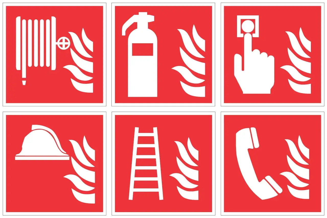 Zestaw oznaczeń strażackich: wąż strażacki, gaśnica, przycisk alarmowy, hełm, drabina, telefon alarmowy.