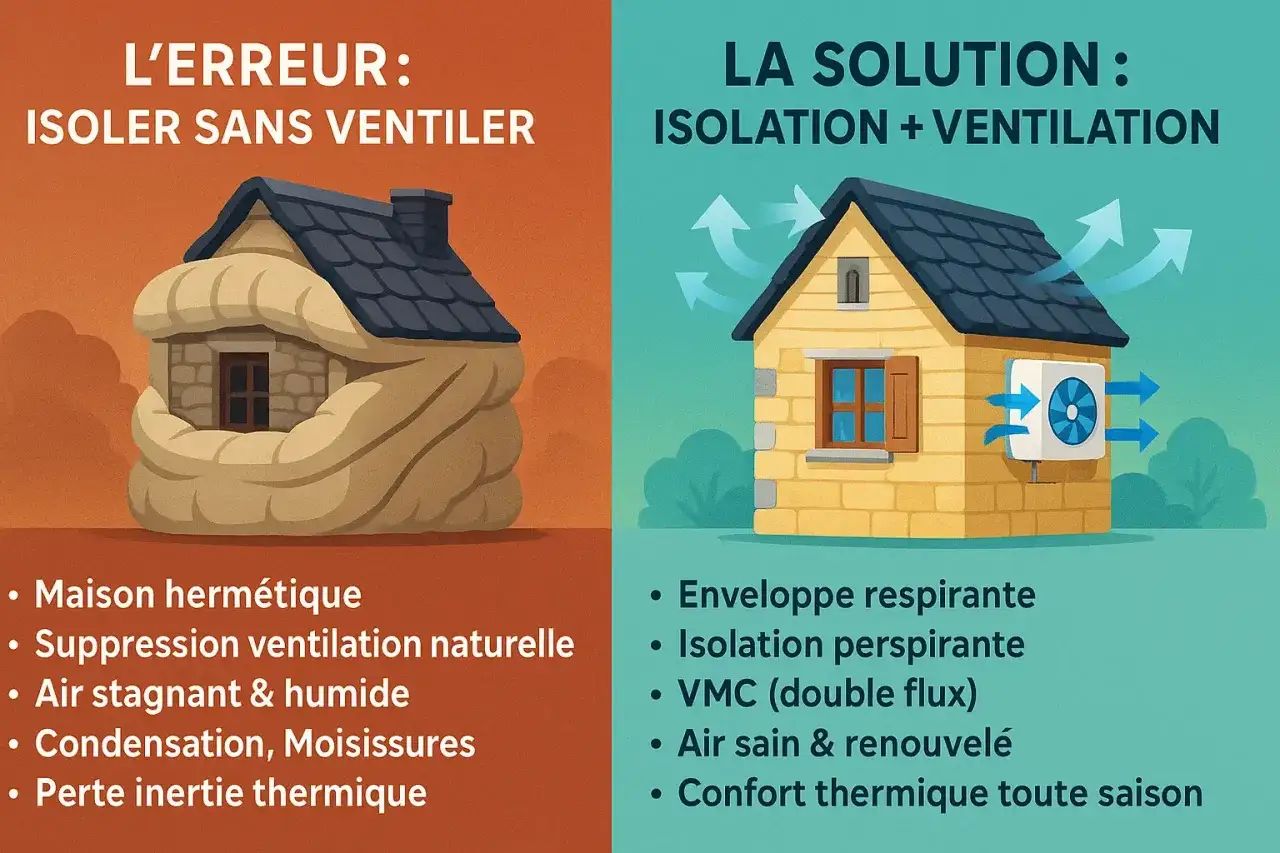 Pour bien r&eacute;nover une maison, il faut isoler ET ventiler. L'image montre une maison &eacute;touff&eacute;e par l'isolation seule, puis une maison saine avec ventilation.