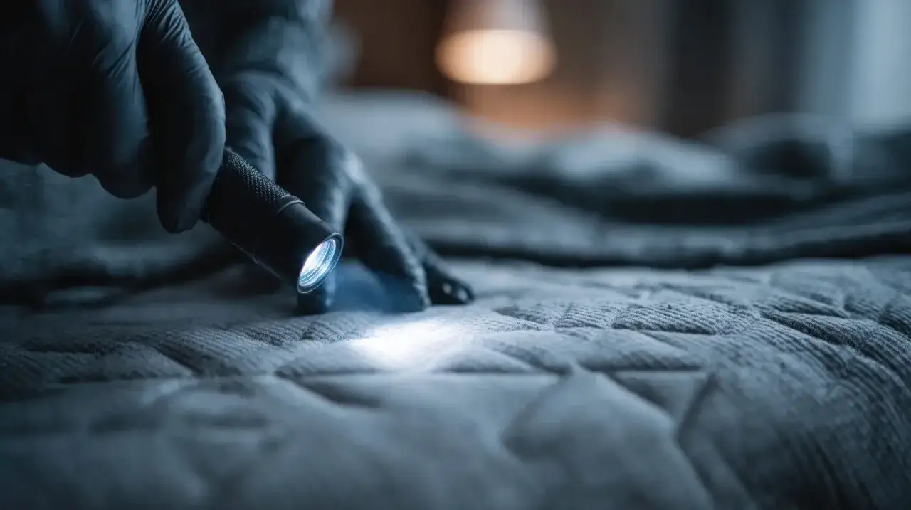 Persona con guantes ilumina un colch&oacute;n con linterna, buscando se&ntilde;ales para saber si hay chinches en mi cama.