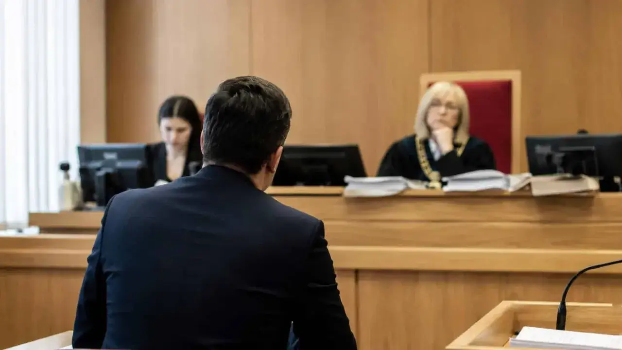 Przesłuchanie stron w sprawie frankowej. Sędzia w todze słucha zeznań mężczyzny w garniturze, siedzącego tyłem do widza.