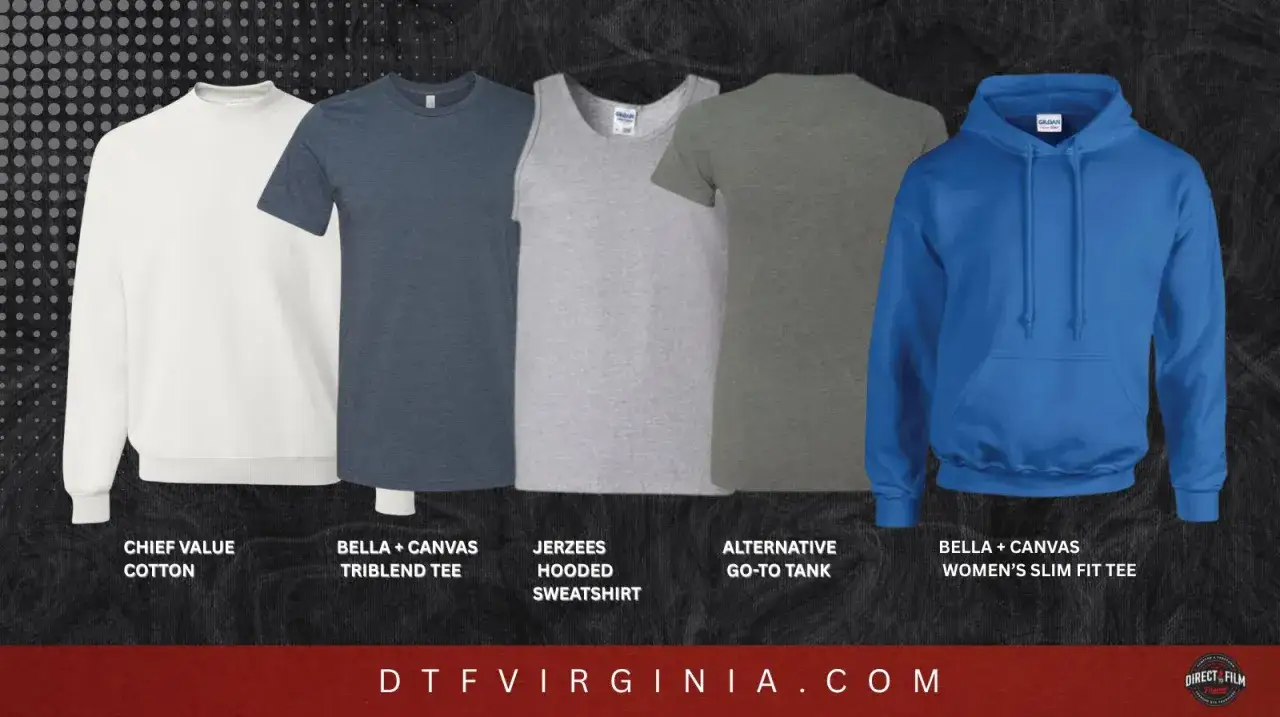 A collection of apparel including a white sweatshirt, a heather core triblend tee, a grey tank, a grey tee, and a blue hoodie.