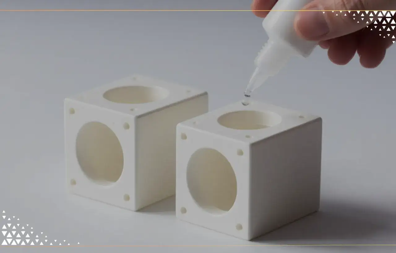 Applying a drop of glue to a 3D printed PLA cube, showcasing the best super glue for PLA.
