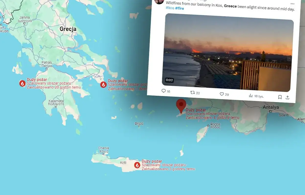 Mapa Grecji z zaznaczonymi pożarami. Czy na wyspach greckich jest bezpiecznie? Widać ogień na Kos i Krecie.