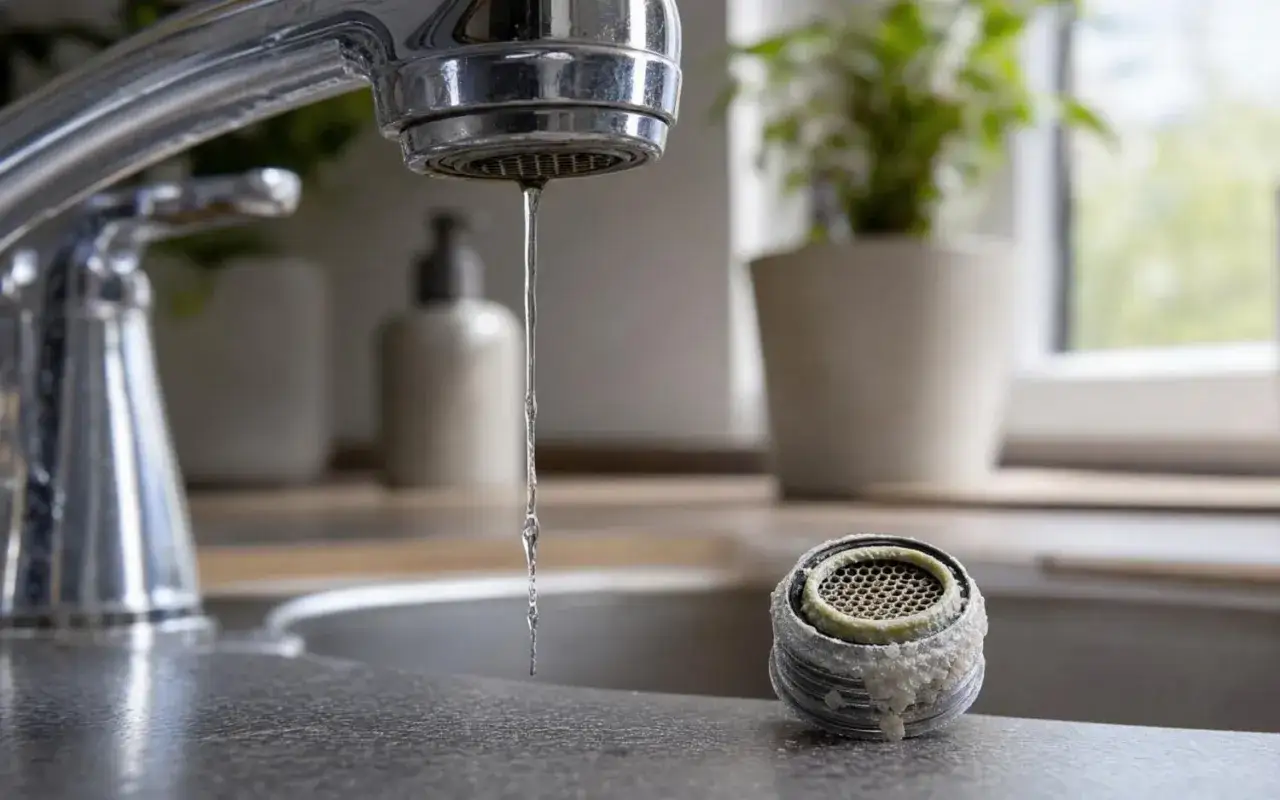 Un aérateur de robinet entartré, empêchant d'augmenter la pression du robinet. Un filet d'eau coule faiblement.