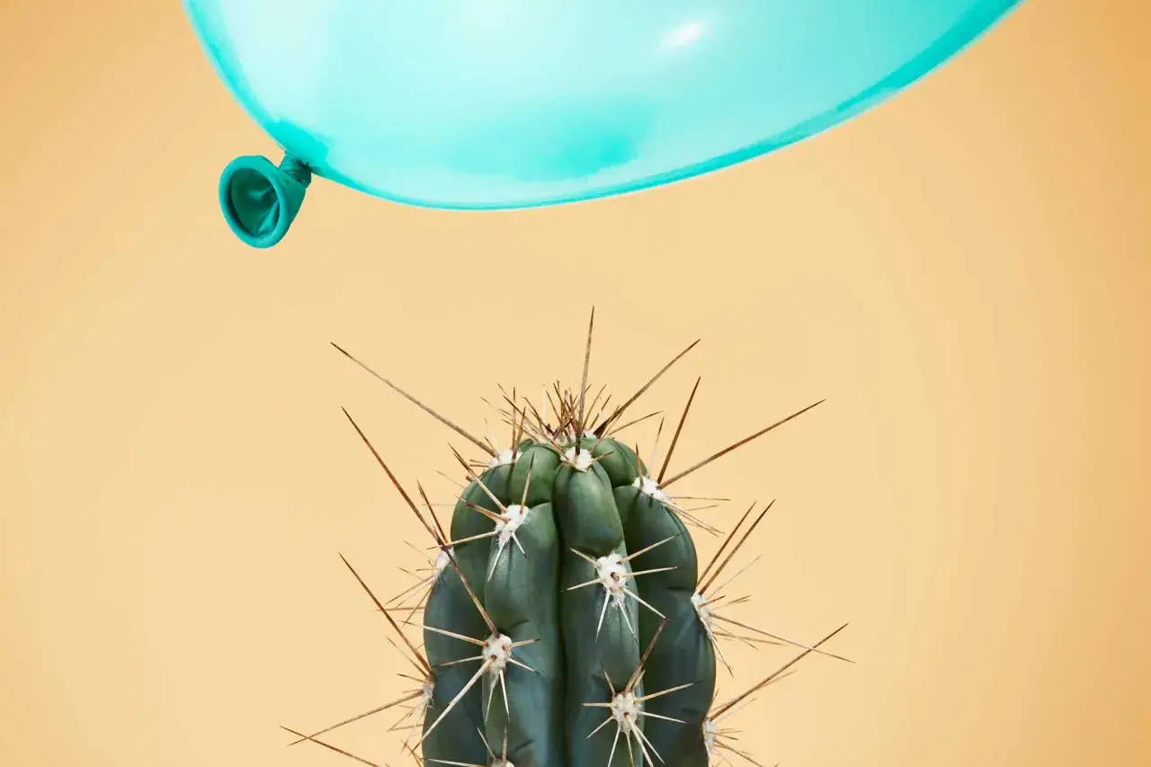 Un palloncino azzurro incombe su un cactus spinoso, metafora visiva dei sintomi di una persona instabile.