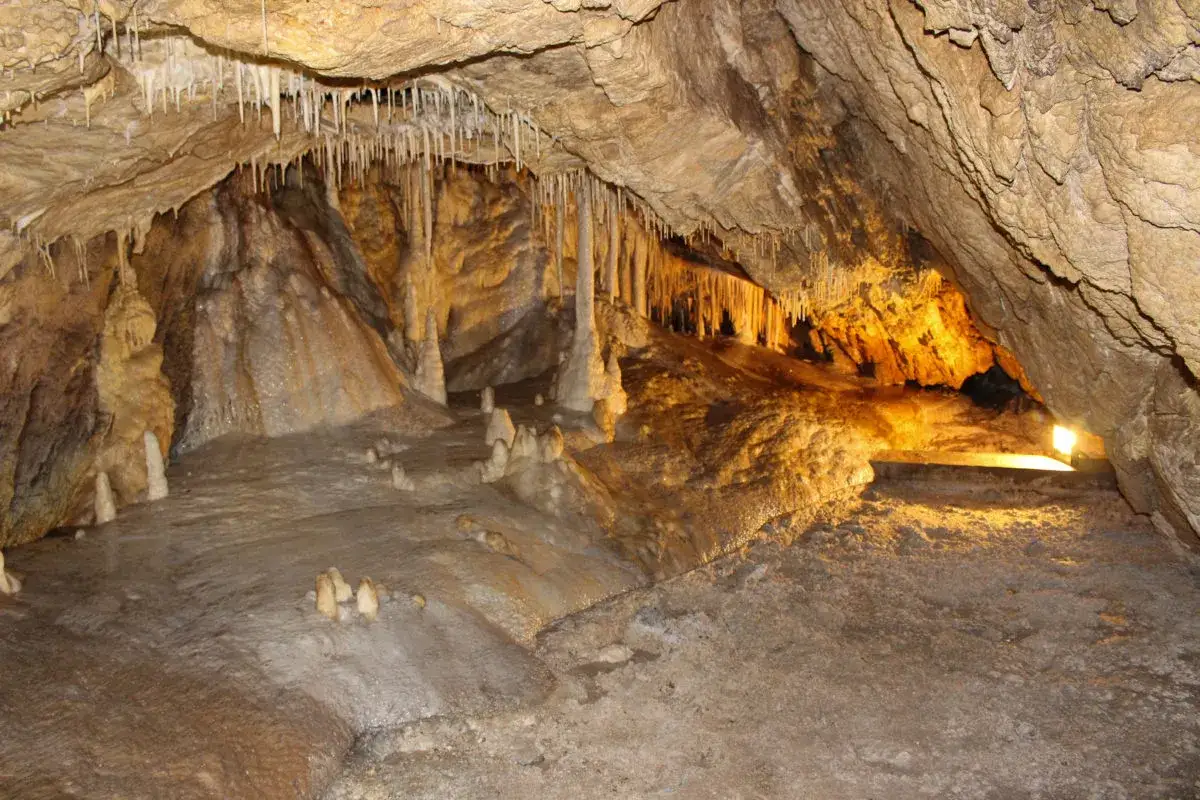 Wnętrze jaskini z naciekami, stalaktytami i stalagmitami. Wspaniałe formy krasowe oświetlone ciepłym światłem.