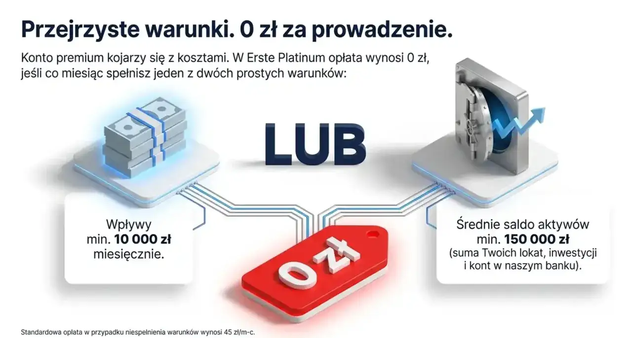 Santander Select: konto premium z opłatą 0 zł przy wpływach min. 10 000 zł lub średnim saldzie aktywów 150 000 zł.
