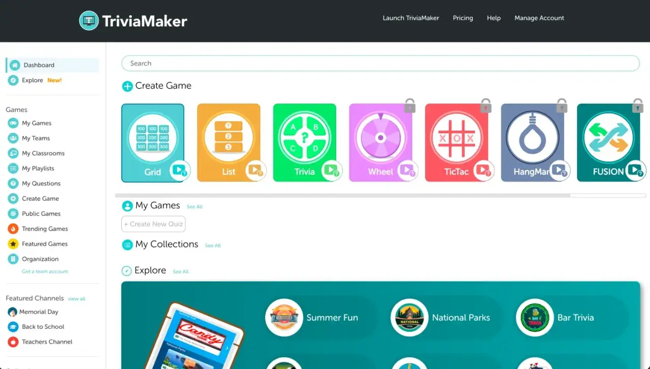 Erstelle kostenlos ein Multiple-Choice-Quiz mit TriviaMaker. W&auml;hle aus Grid, List, Trivia, Wheel, TicTac, HangMan oder FUSION.