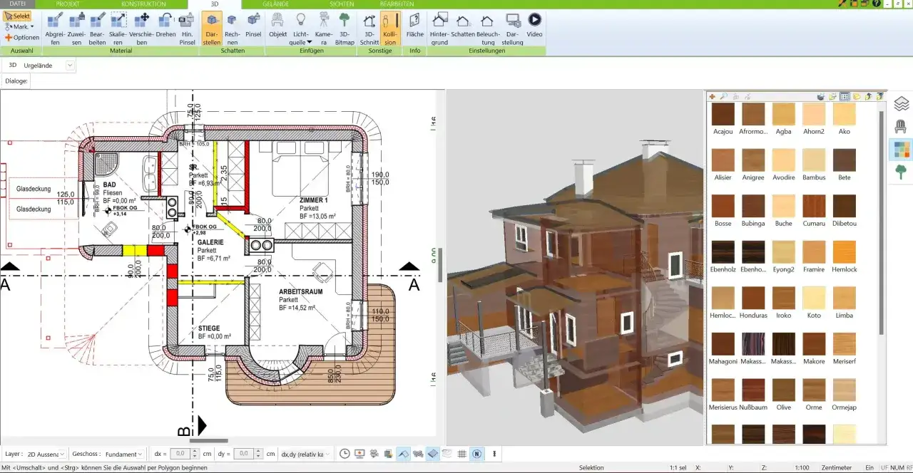 Grundriss und 3D-Ansicht eines Hauses, das zur Holzkonstruktion planen dient. Materialauswahl f&uuml;r Holzoberfl&auml;chen.