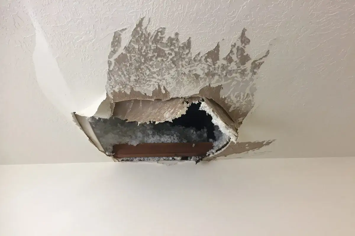 Gros trou dans le plafond blanc, révélant l'isolation et une poutre. La peinture s'écaille, signe d'une fuite d'eau au plafond.