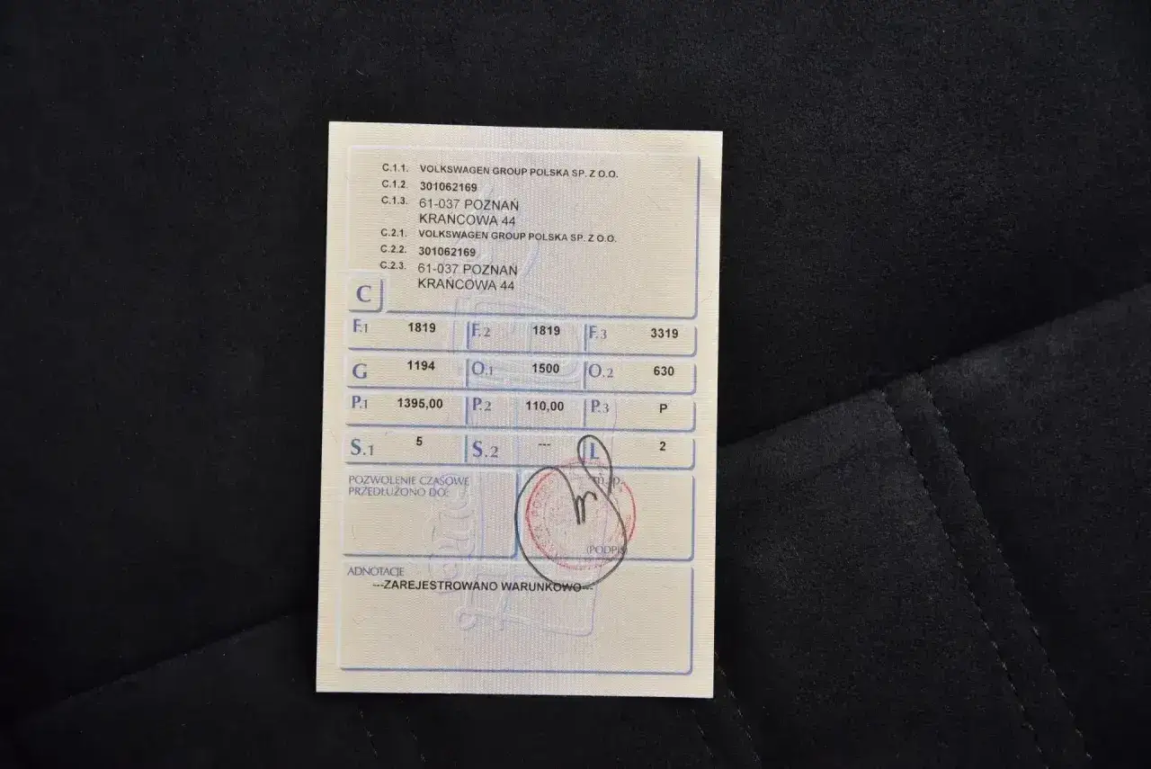 Tymczasowy dowód rejestracyjny z danymi pojazdu i adnotacją 