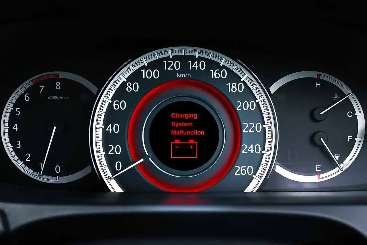 Tableau de bord de voiture avec voyant de dysfonctionnement du syst&egrave;me de charge allum&eacute;, indiquant un probl&egrave;me potentiel avec la dur&eacute;e de vie alternateur.