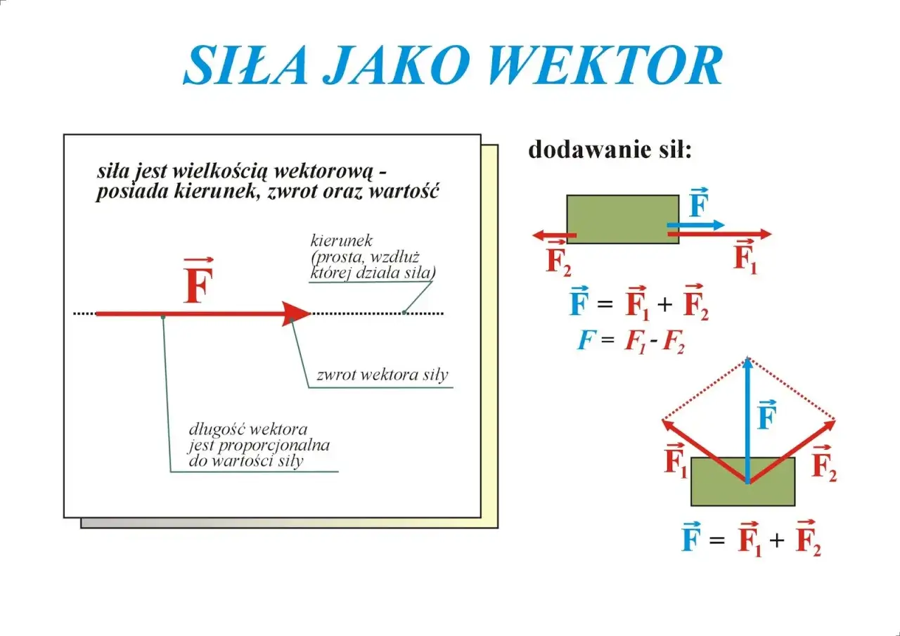 Siła jako wektor: kierunek, zwrot i wartość. Dodawanie sił F₁ i F₂.