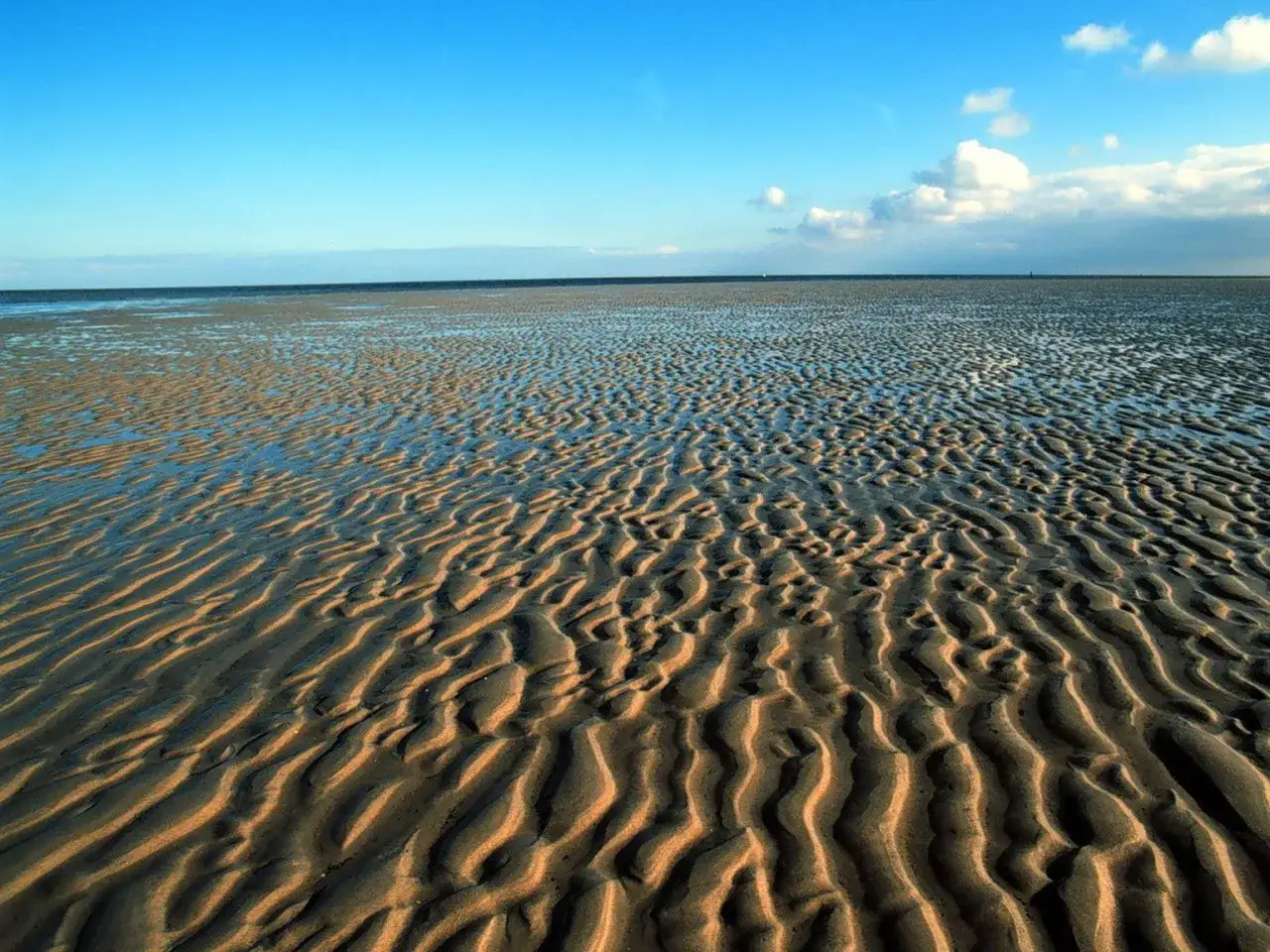 Der nordsee strand zeigt bei Ebbe faszinierende Sandmuster, die vom Wasser geformt wurden. Ein endloser Horizont unter blauem Himmel.