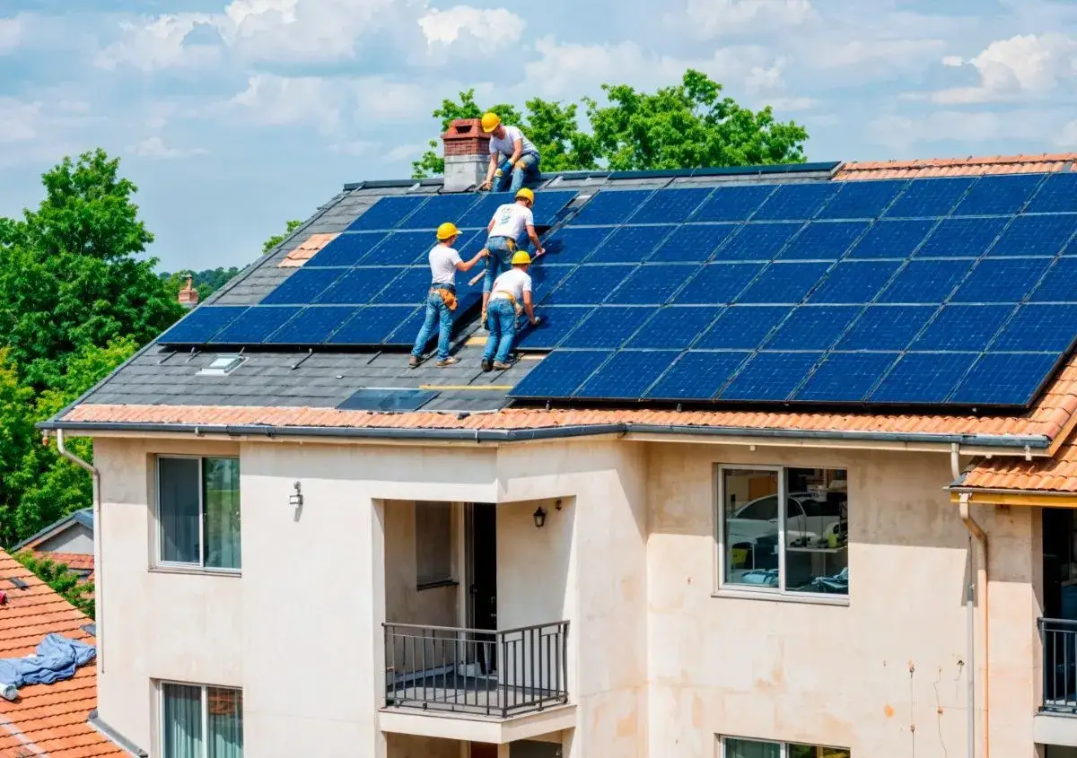 Operai installano pannelli fotovoltaici sul tetto di una casa. Un **iter semplificato fotovoltaico** rende l'installazione pi&ugrave; veloce.