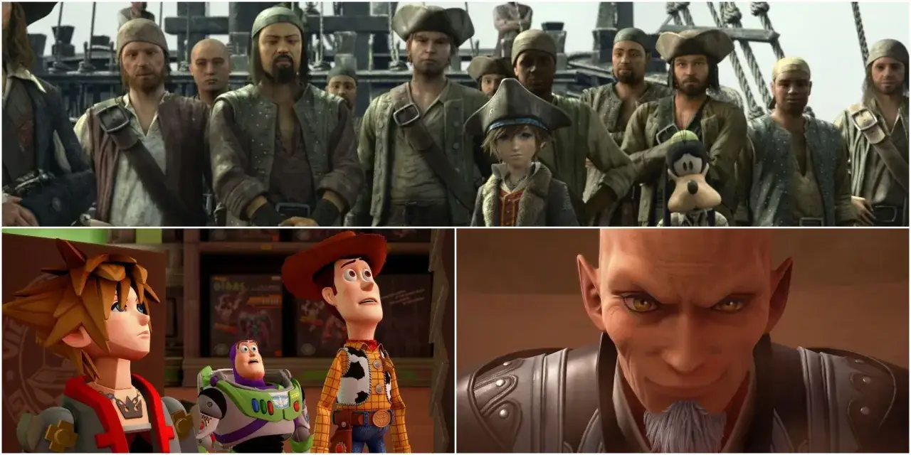 Sora i Goofy na statku pirackim, Sora z Woodym i Buzzem, oraz złowrogi Xehanort w Kingdom Hearts 3.