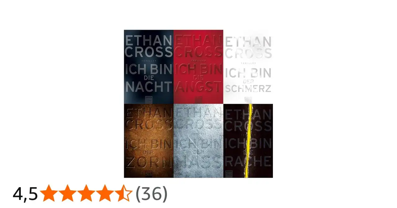 Cover der Ethan Cross Shepherd-Reihe Teil 7. Sechs Thriller-Cover mit Titeln wie 