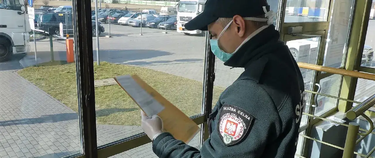 Funkcjonariusz służby celno-skarbowej w maseczce i rękawiczkach przegląda dokumenty na tle parkingu z samochodami.