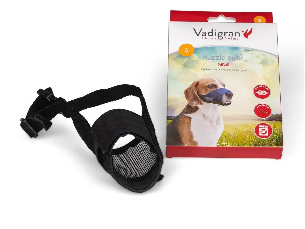 Museli&egrave;re en nylon Vadigran pour chien, taille S. Confortable et ajustable, elle assure la s&eacute;curit&eacute; lors des promenades.