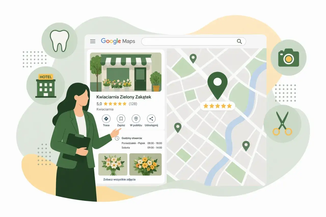 Kobieta szuka kwiaciarni na mapie Google, co jest kluczowe dla lokalnego seo bloga. Widok profilu firmy z ocenami i zdjęciami.