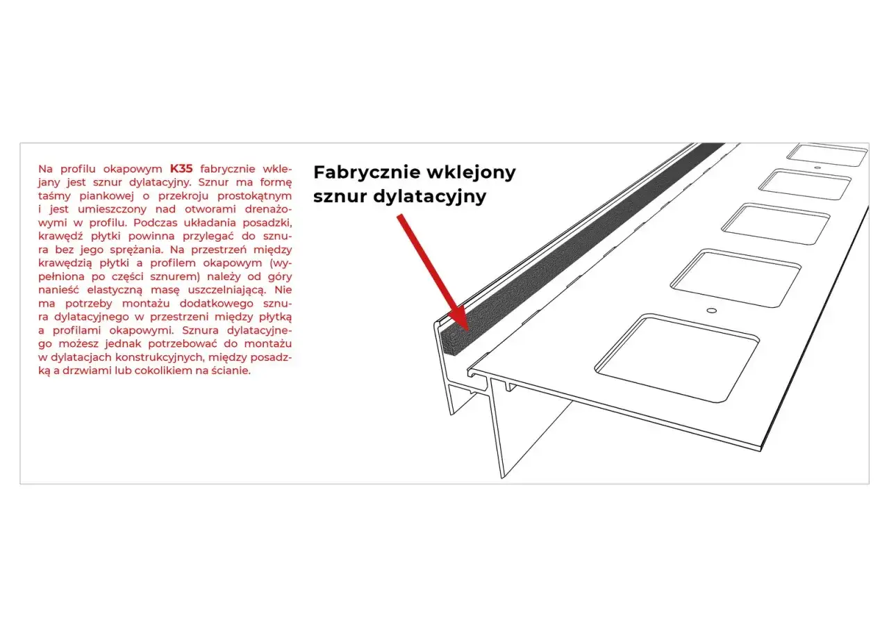 Profil okapowy z fabrycznie wklejonym sznurem dylatacyjnym, kluczowy element obróbki balkonu.