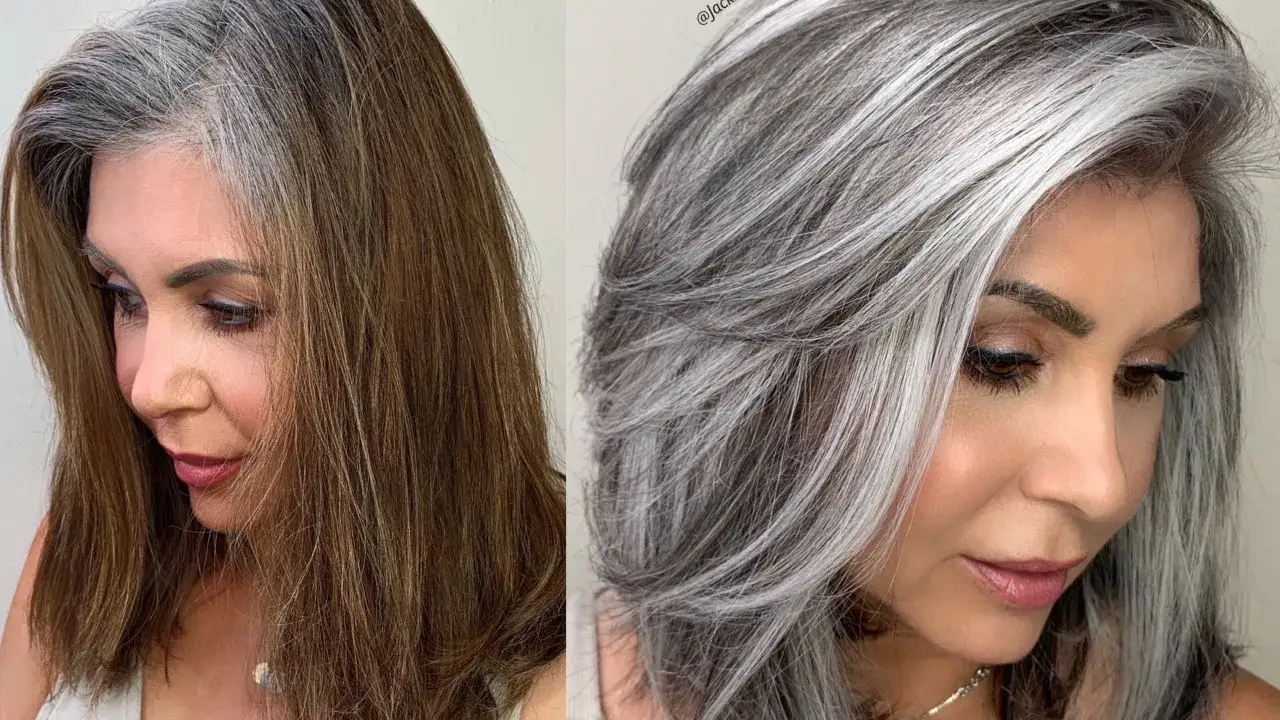 Comparación de cabello castaño con canas incipientes y cabello plateado vibrante. La pregunta de a qué edad salen las canas es un misterio para muchos.