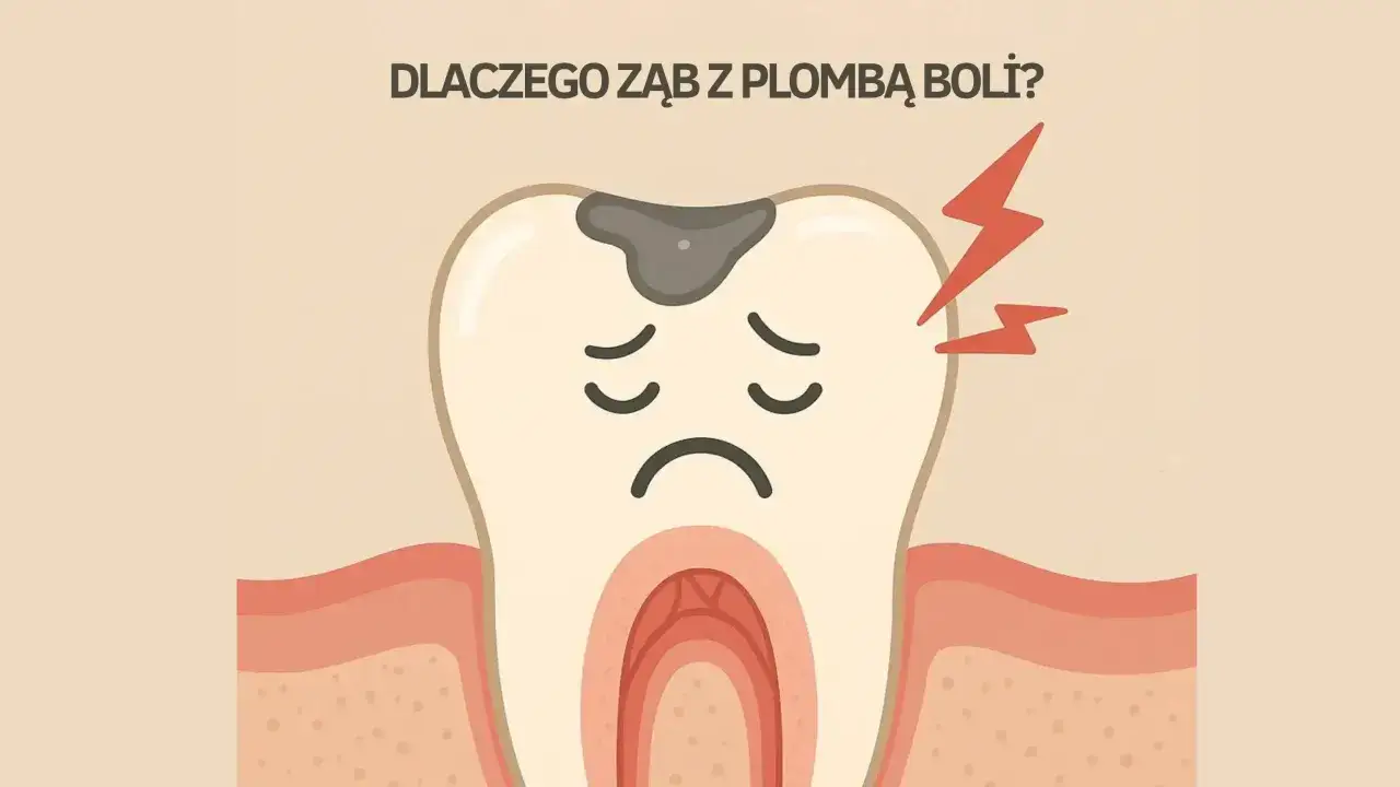 Smutny ząb z plombą i ubytkami, otoczony czerwonymi błyskawicami bólu. Czy to możliwe, że słodkie jedzenie powoduje ból zęba po leczeniu?
