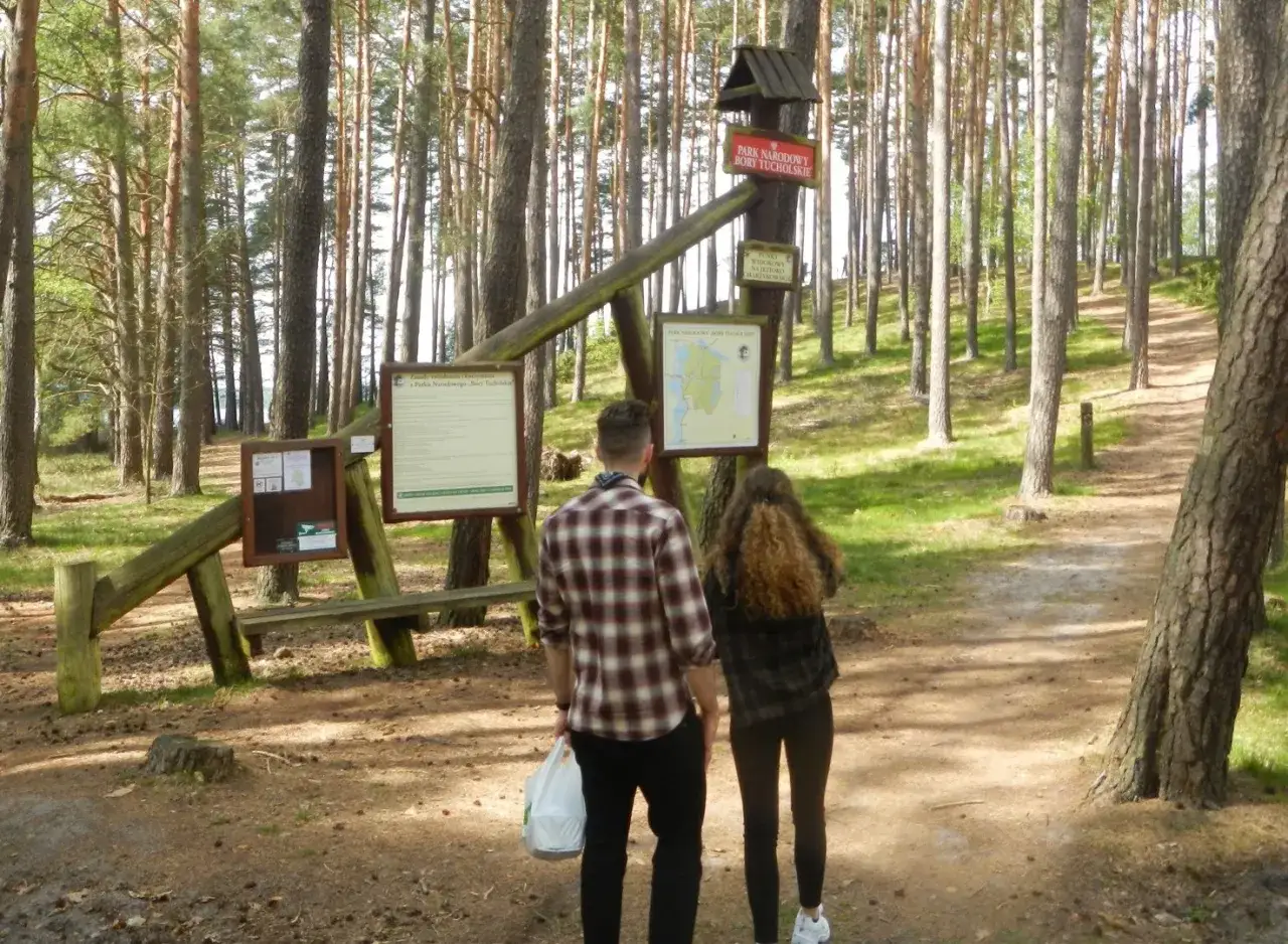 Para zwiedza Bory Tucholskie, zatrzymując się przy tablicach informacyjnych Parku Narodowego.