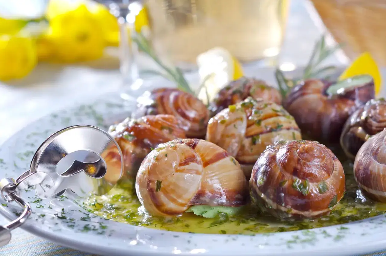 Escargot co to? Pyszne ślimaki w skorupkach, podane w sosie czosnkowym z ziołami, z cytryną i specjalnymi szczypcami do jedzenia.